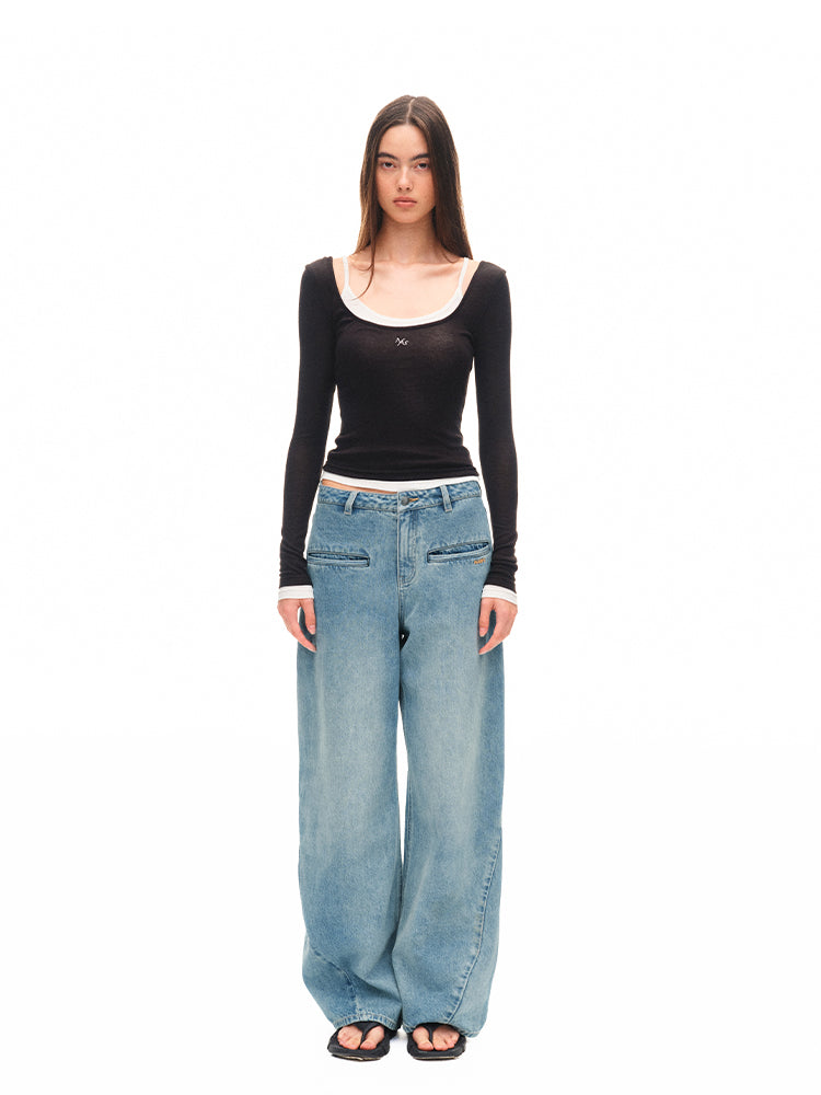 Color-block Two-piece Integrated Strap Layered T-shirt Top