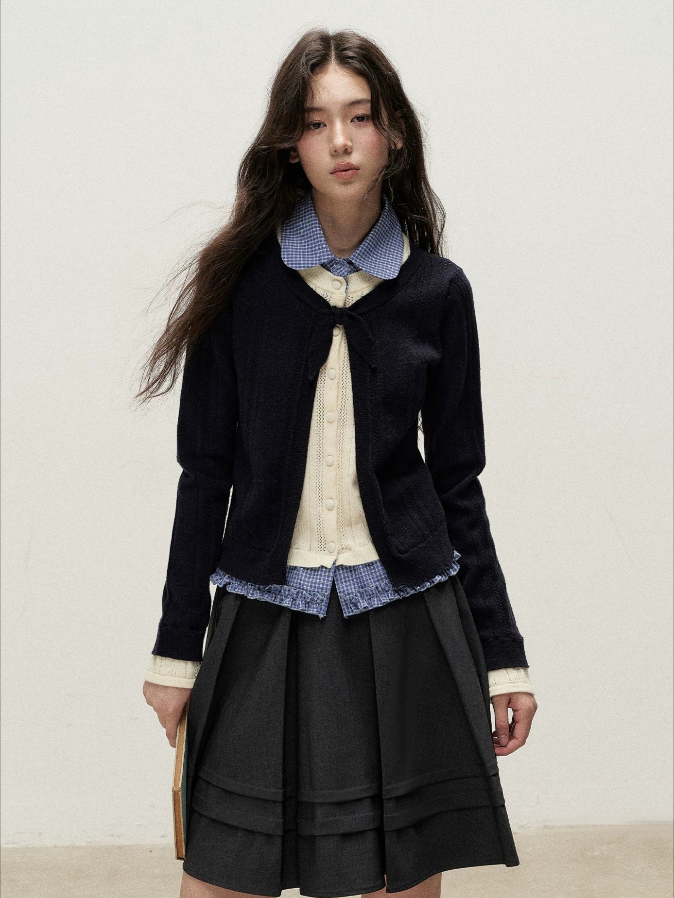 Plaid Collar Layered Knit Top