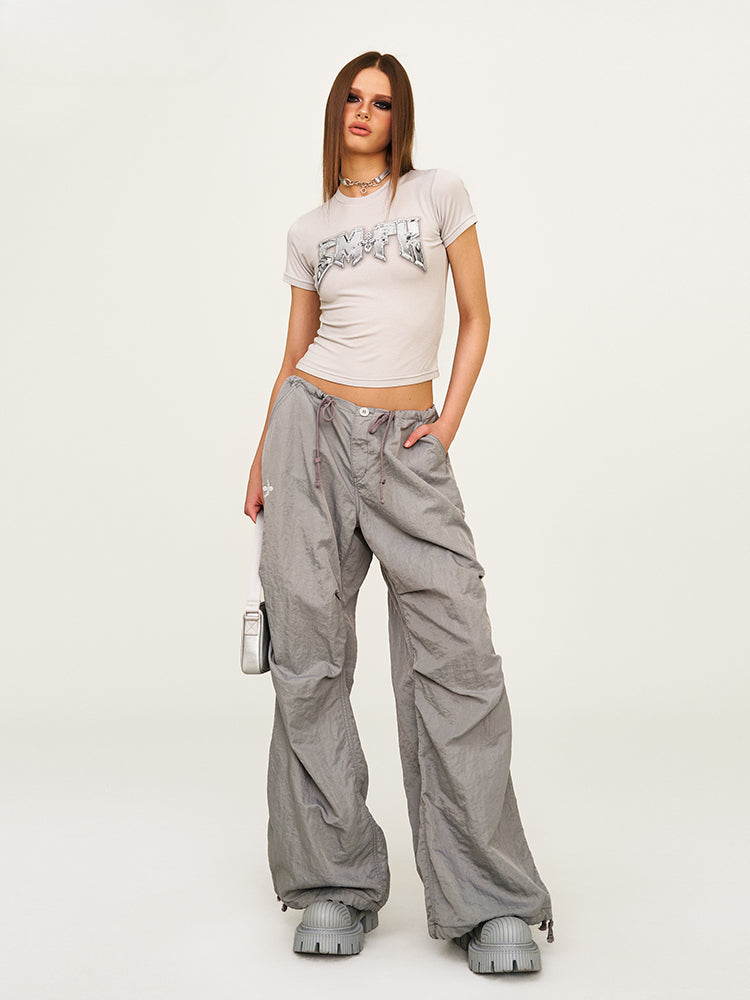Drawstring Wide-Leg Cargo Workout Pants