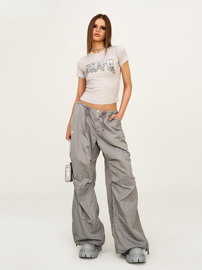 Drawstring Wide-Leg Cargo Workout Pants