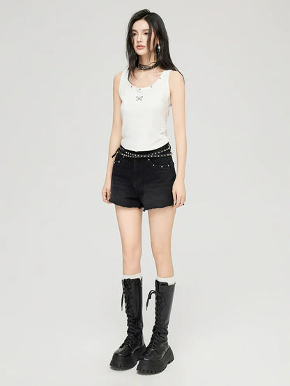 White &amp; Black Butterfly Printed U-neck Tank Top
