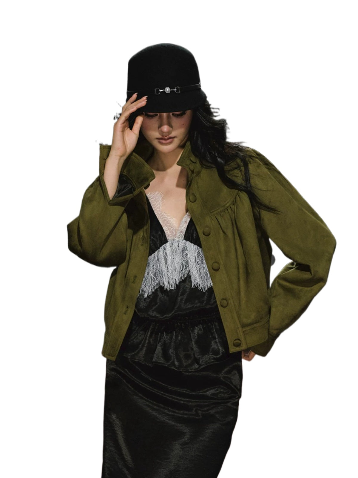 Ruched Stand Collar Faux Suede Jacket
