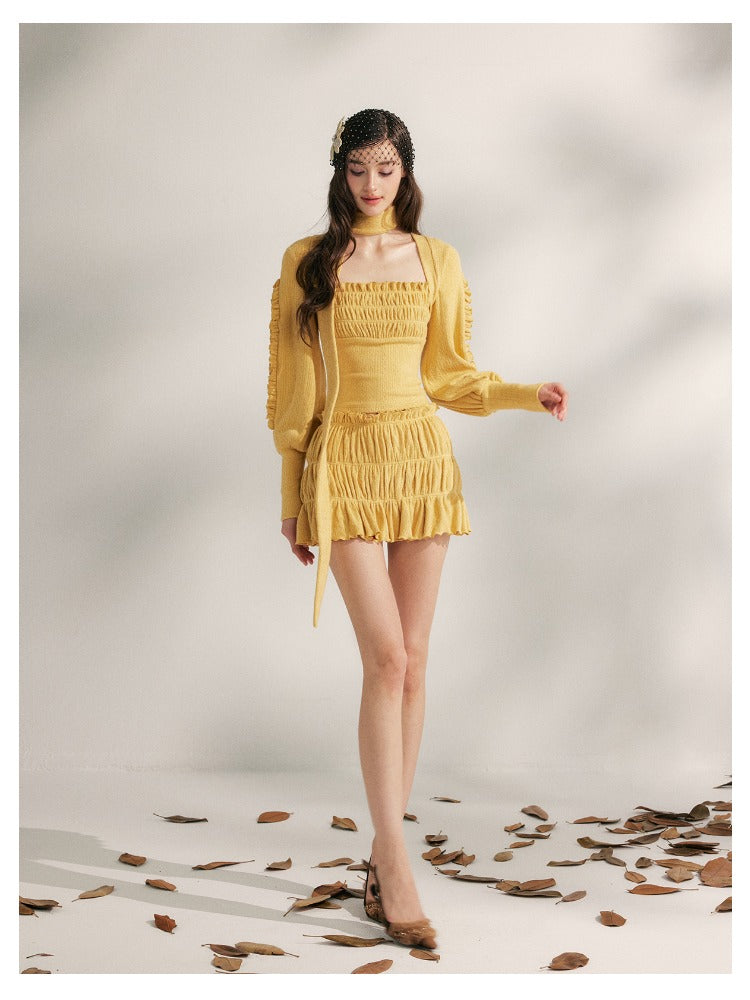 Pleated Ruffle Knit Top &amp; Skirt Set