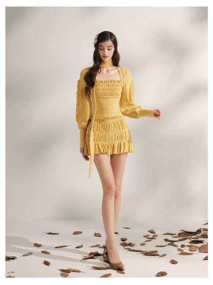 Pleated Ruffle Knit Top &amp; Skirt Set