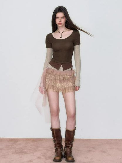 Lace Panel Tiered Skirt