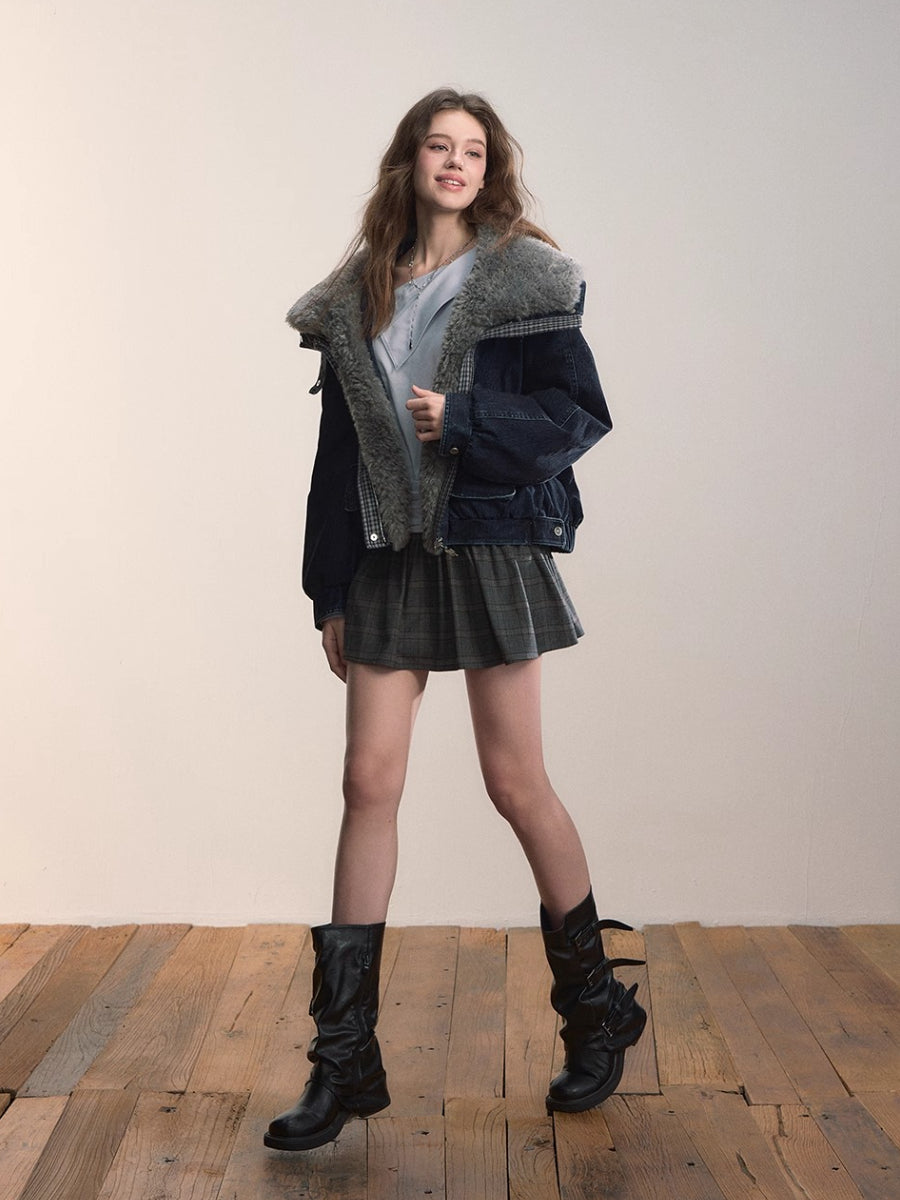 Velvet Denim Oversized Fur Collar Down Jacket