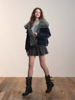 Velvet Denim Oversized Fur Collar Down Jacket