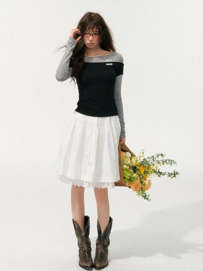 Irregular Fake Two-Piece Color-Block Knit T-shirt