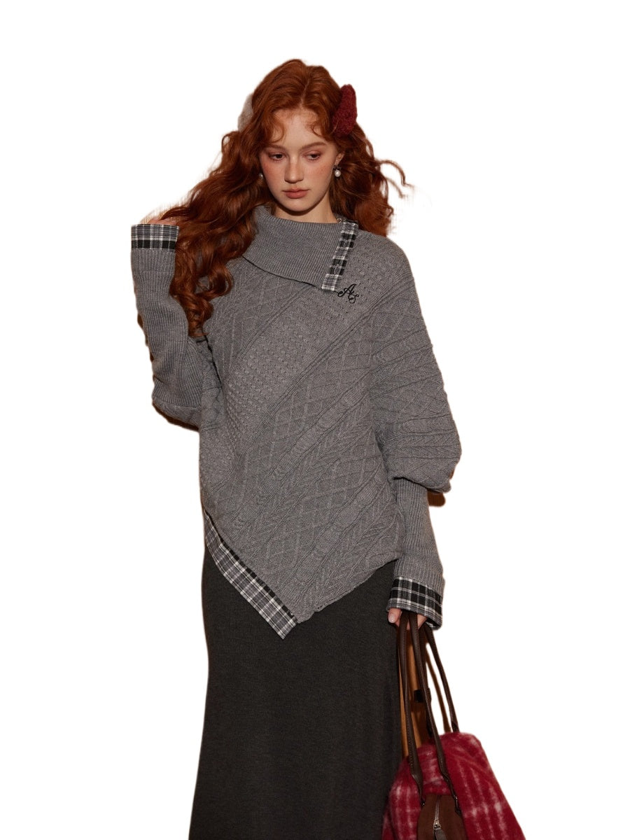 Plaid Patchwork Batwing Sleeve Knit Sweater