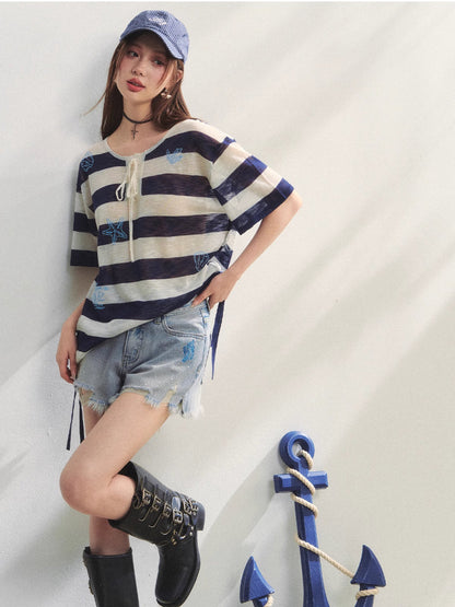 Striped Embroidery Drawstring Tie T-Shirt