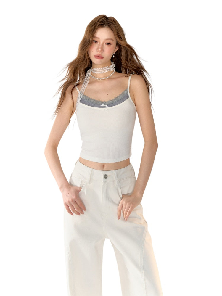 Butterfly Bow Color-Block Fake Two-Piece Tank Top