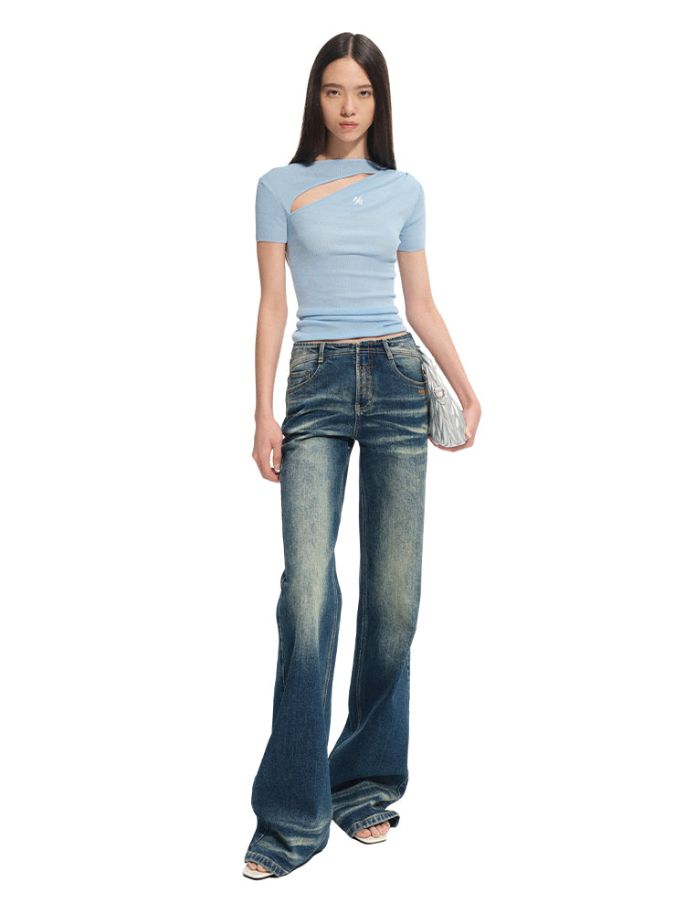 Diagonal Open Hollow-out Asymmetric Regular Shoulder T-Shirt