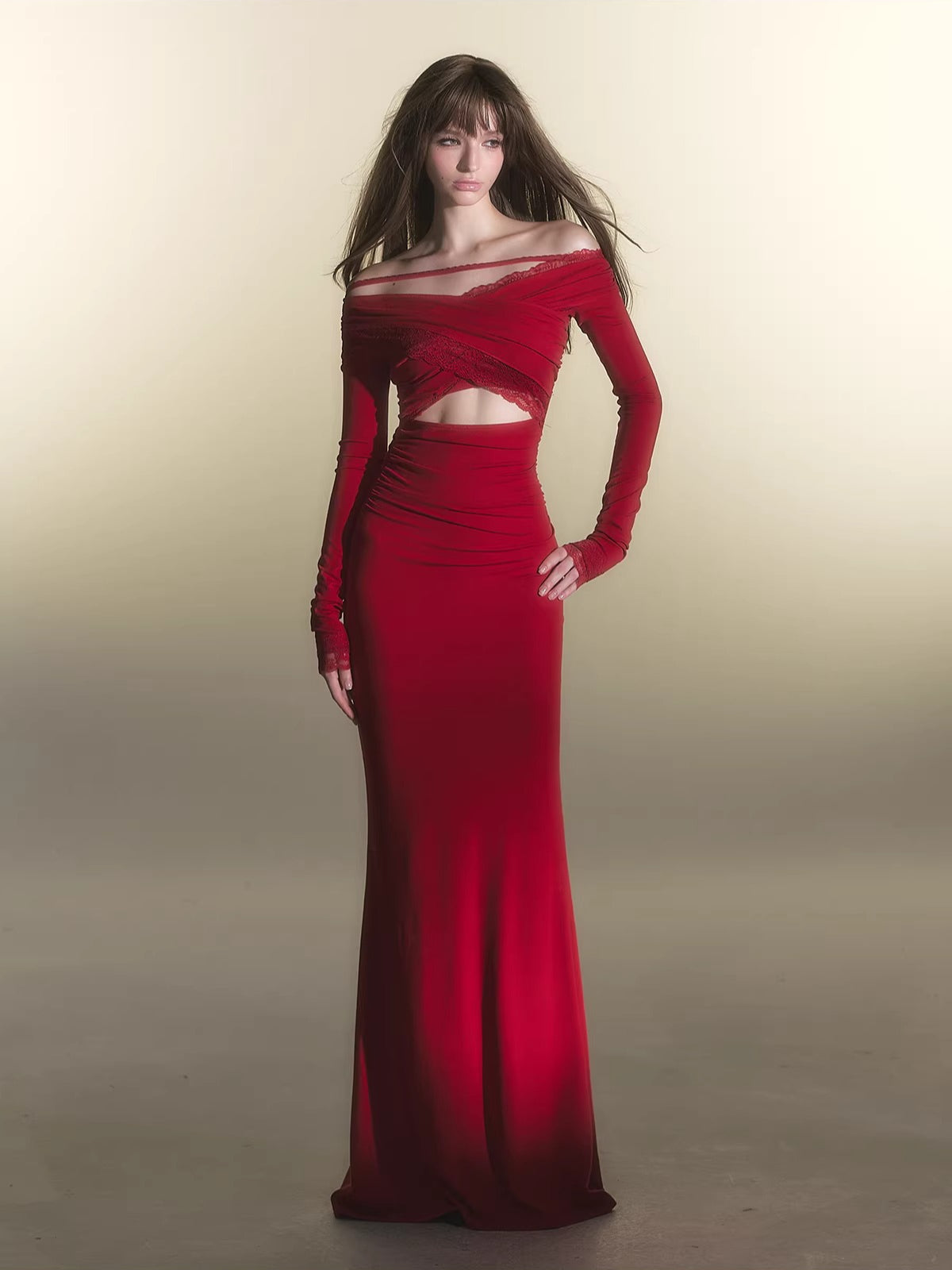 Red Off-Shoulder Long-Sleeve Bodycon Dress