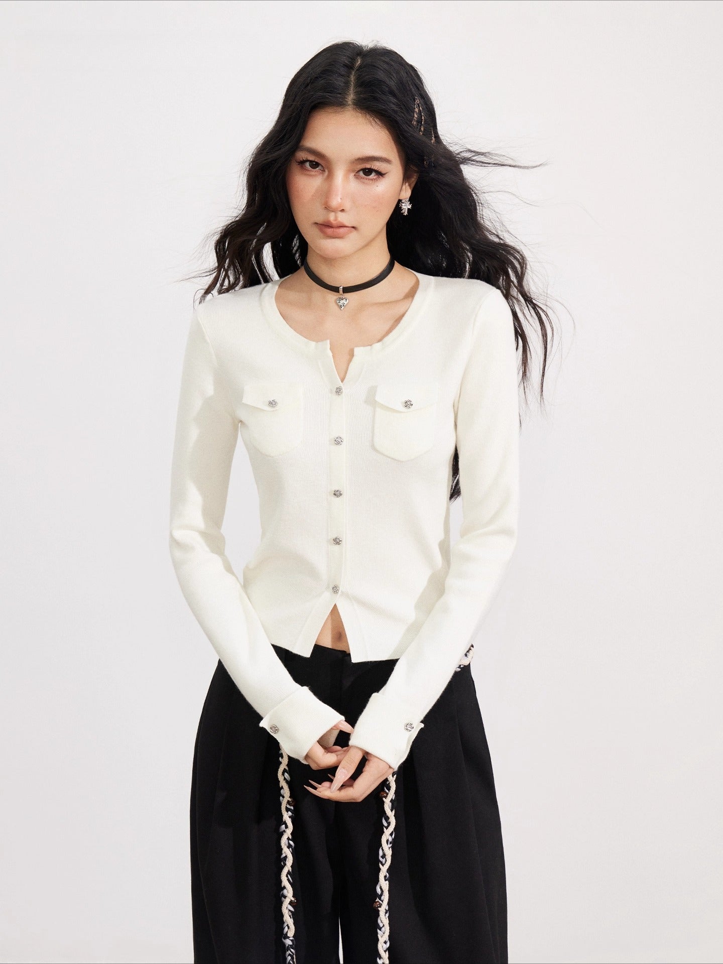 Wool-Blend Flower-shaped Buttons Cardigan