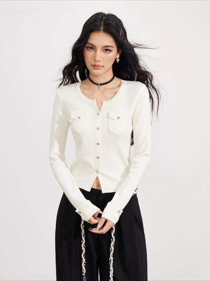 Wool-Blend Flower-shaped Buttons Cardigan