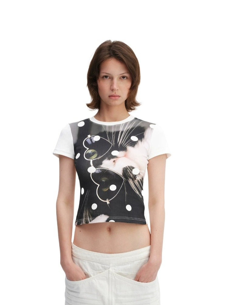 Playful Cat Print Short Sleeve Tee