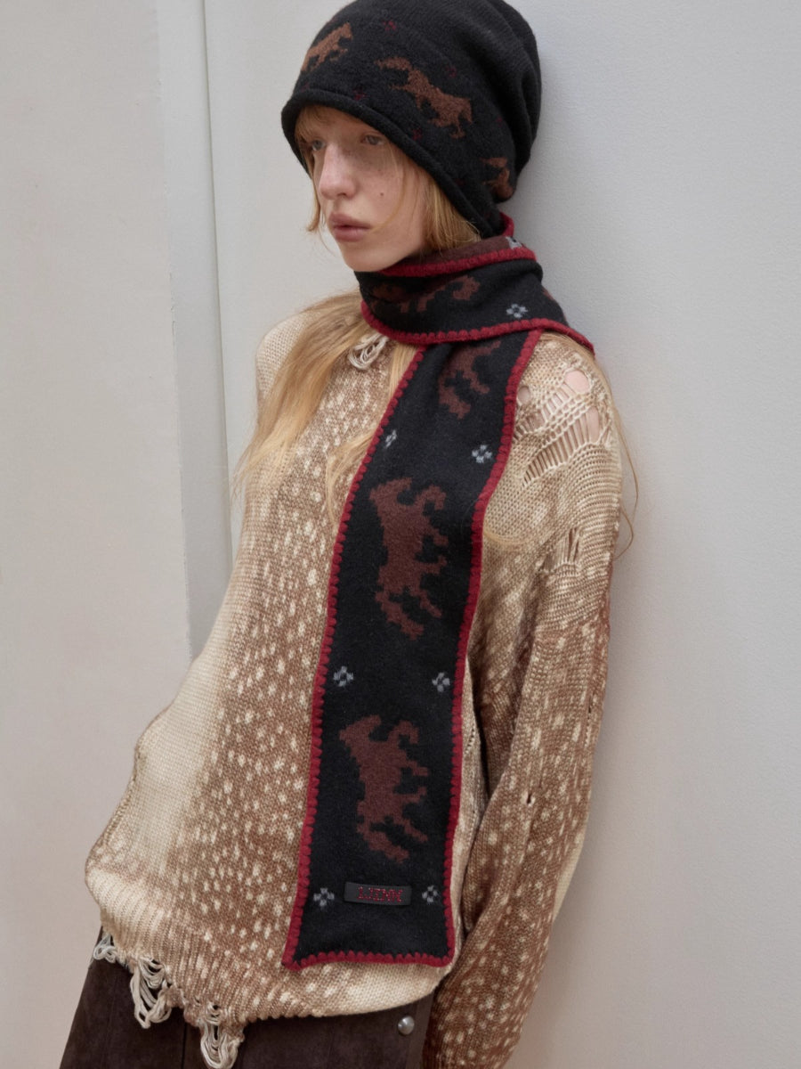 Vintage Deer Print Distressed Knit Sweater