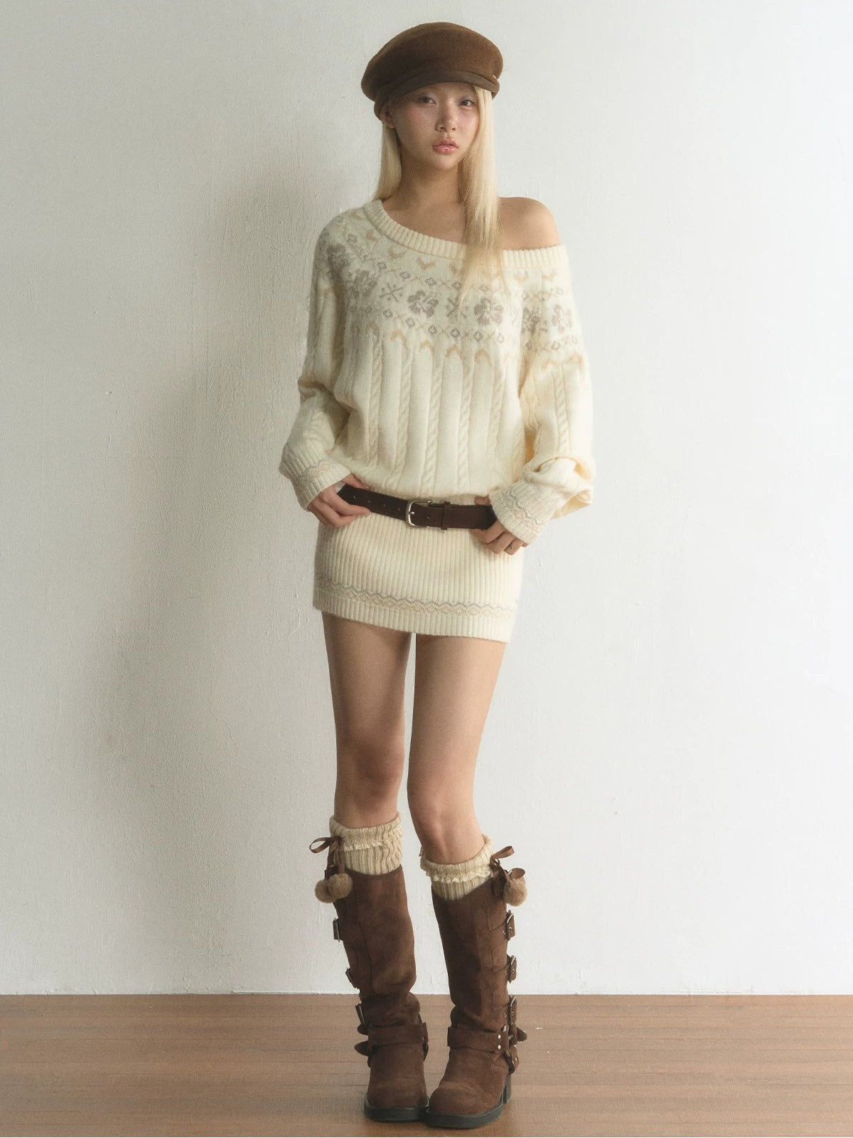 Fair Isle Asymmetric Knit Mini Dress