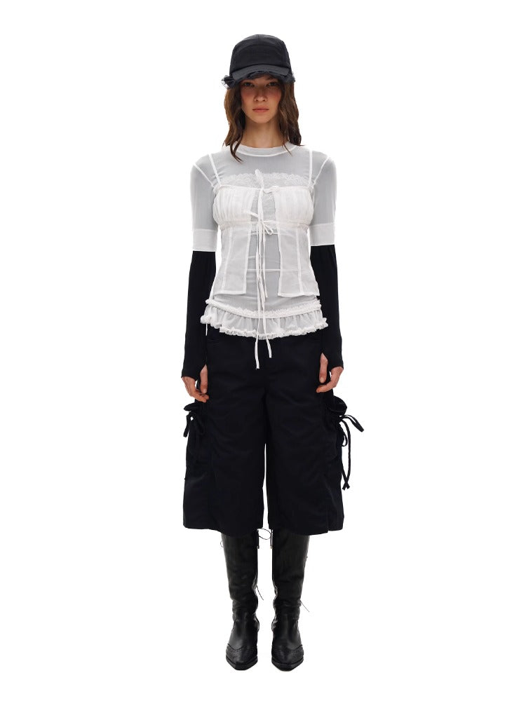 2-in-1 Plaid Satin Ribbon Bow Capri Pants