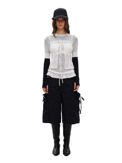 2-in-1 Plaid Satin Ribbon Bow Capri Pants