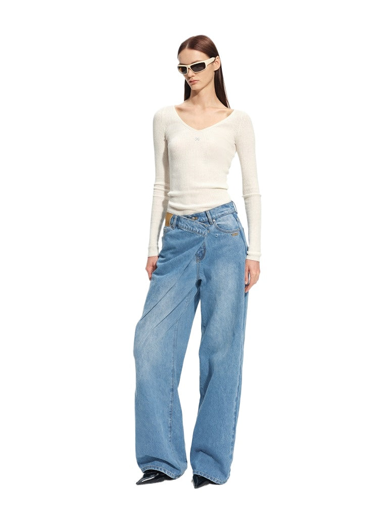Rose Luna Mercerized Wool V-Neck Top