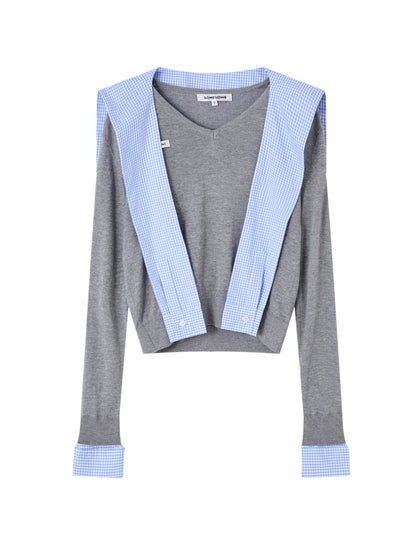 Fake Two-Piece Twist-Knot Spliced V-Neck Knit Top