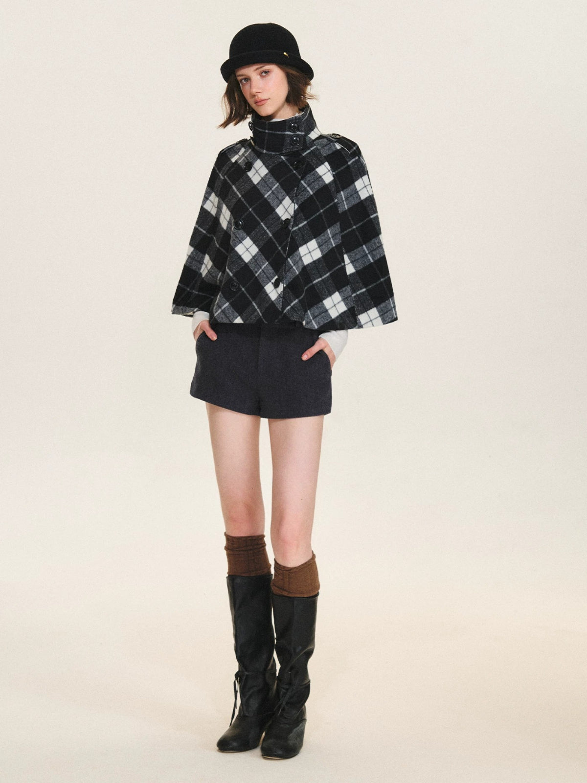 Checked Wool Blend Cape Coat
