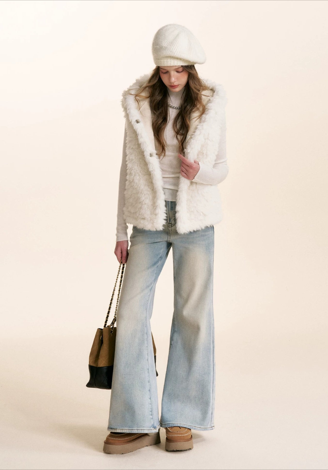 White Hooded Shearling Vest