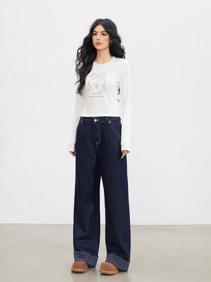 Navy Blue Plaid Patchwork Denim Wide-Leg Pants