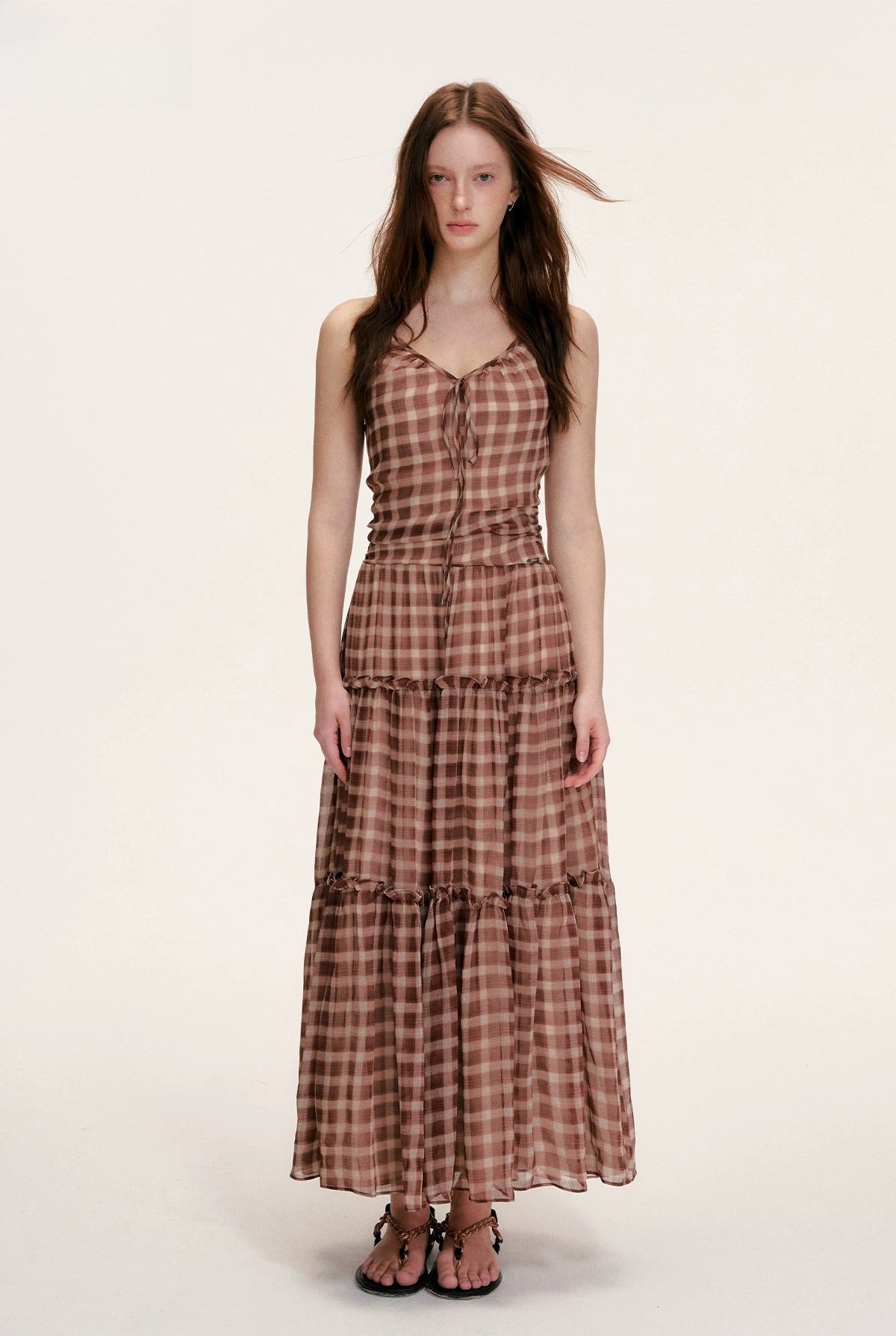 Vintage Brown Plaid Halter Maxi Dress