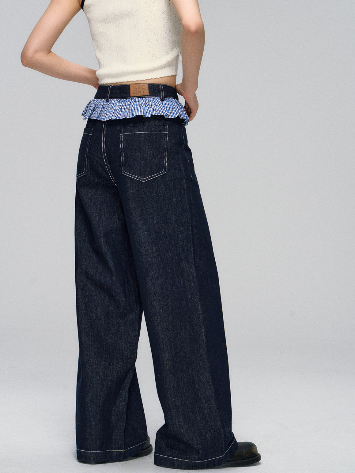 Ruffled Plaid Patchwork Straight Jeans