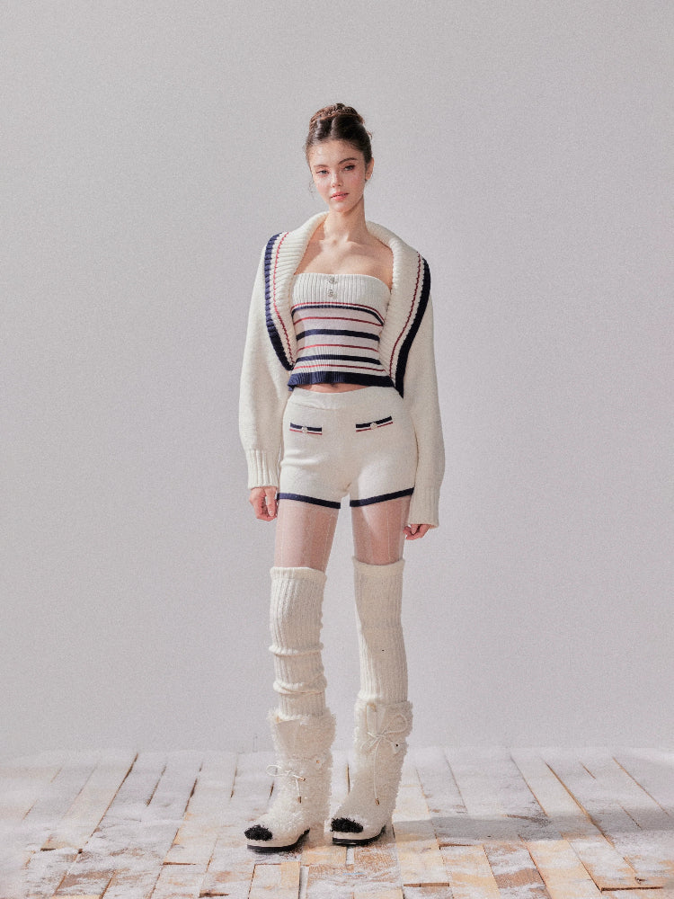 Striped Oversized Collar Knit Cardigan and Pants Set