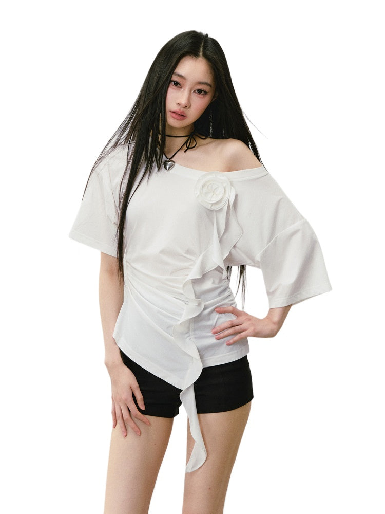 Asymmetric Shoulder 3D Floral T-shirt