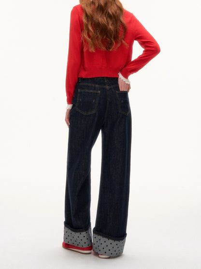 Contrast Cuff Polka Dot Denim Pants