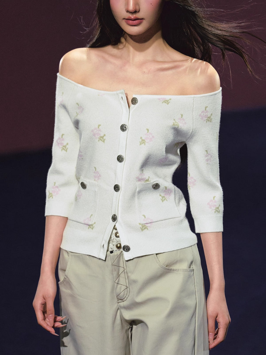 Floral Pattern Off-shoulder Mosaic Knit Cardigan