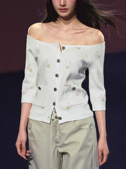 Floral Pattern Off-shoulder Mosaic Knit Cardigan