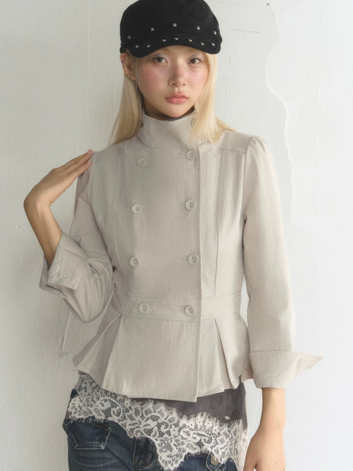 Vintage Stand Collar Peplum Jacket