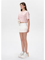 Applique Embroidery Gathered Short-Sleeve T-Shirt