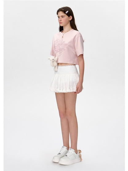 Applique Embroidery Gathered Short-Sleeve T-Shirt