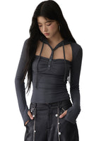 Hooded Hollow-out Long-sleeved T-shirt