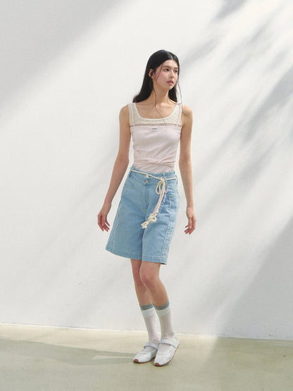 Lace-adorned Polka-dot Denim Capri Pants