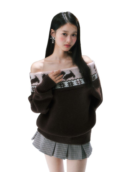 Brown Fair Isle Off-shoulder Sweater &amp; Skirt Set