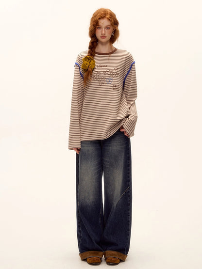 Striped Embroidered Cotton Blend T-shirt