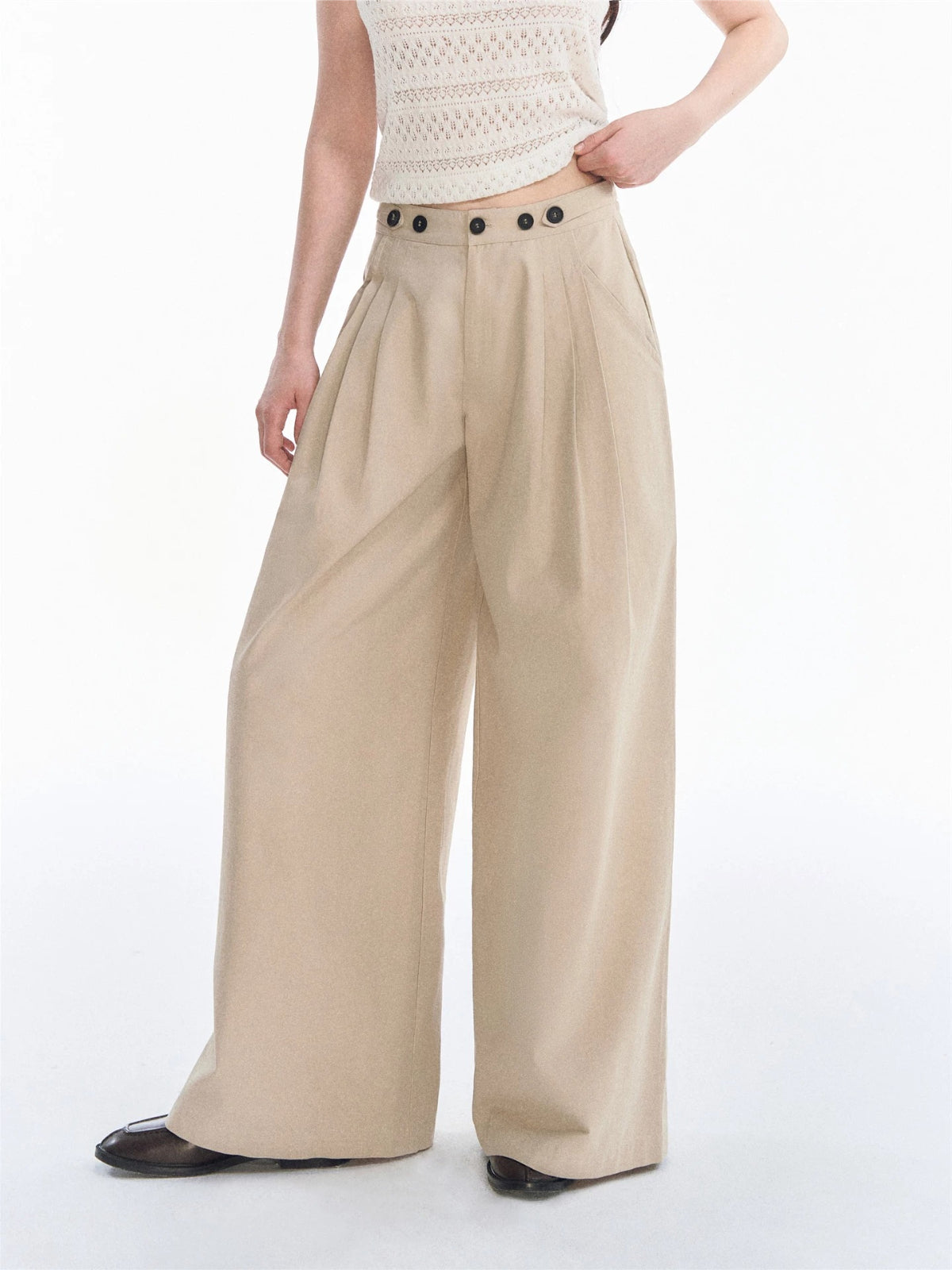 Khaki Pleated Wide Leg Trousers