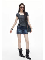 Rivet Washed Denim Mini Skirt