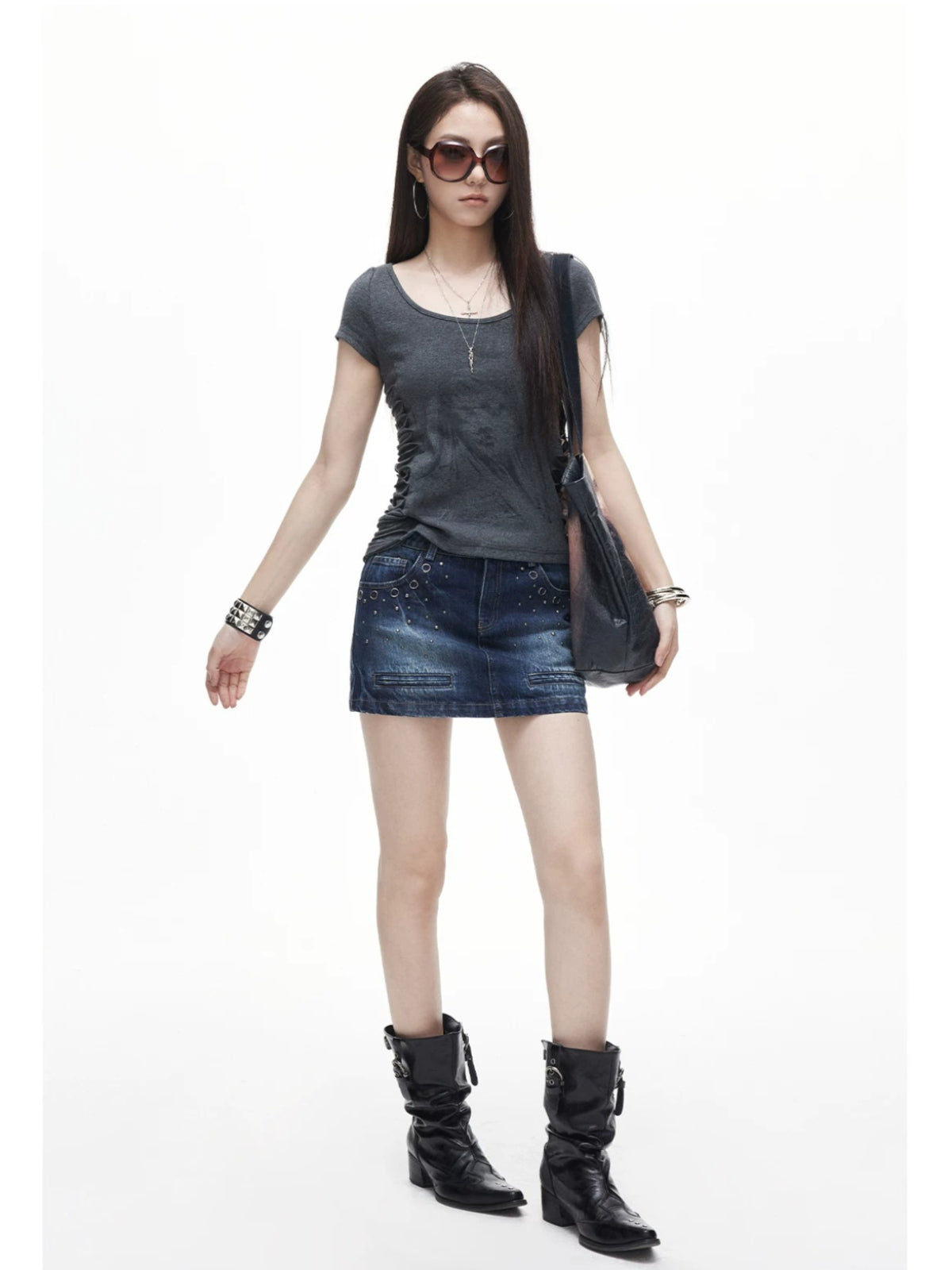 Rivet Washed Denim Mini Skirt