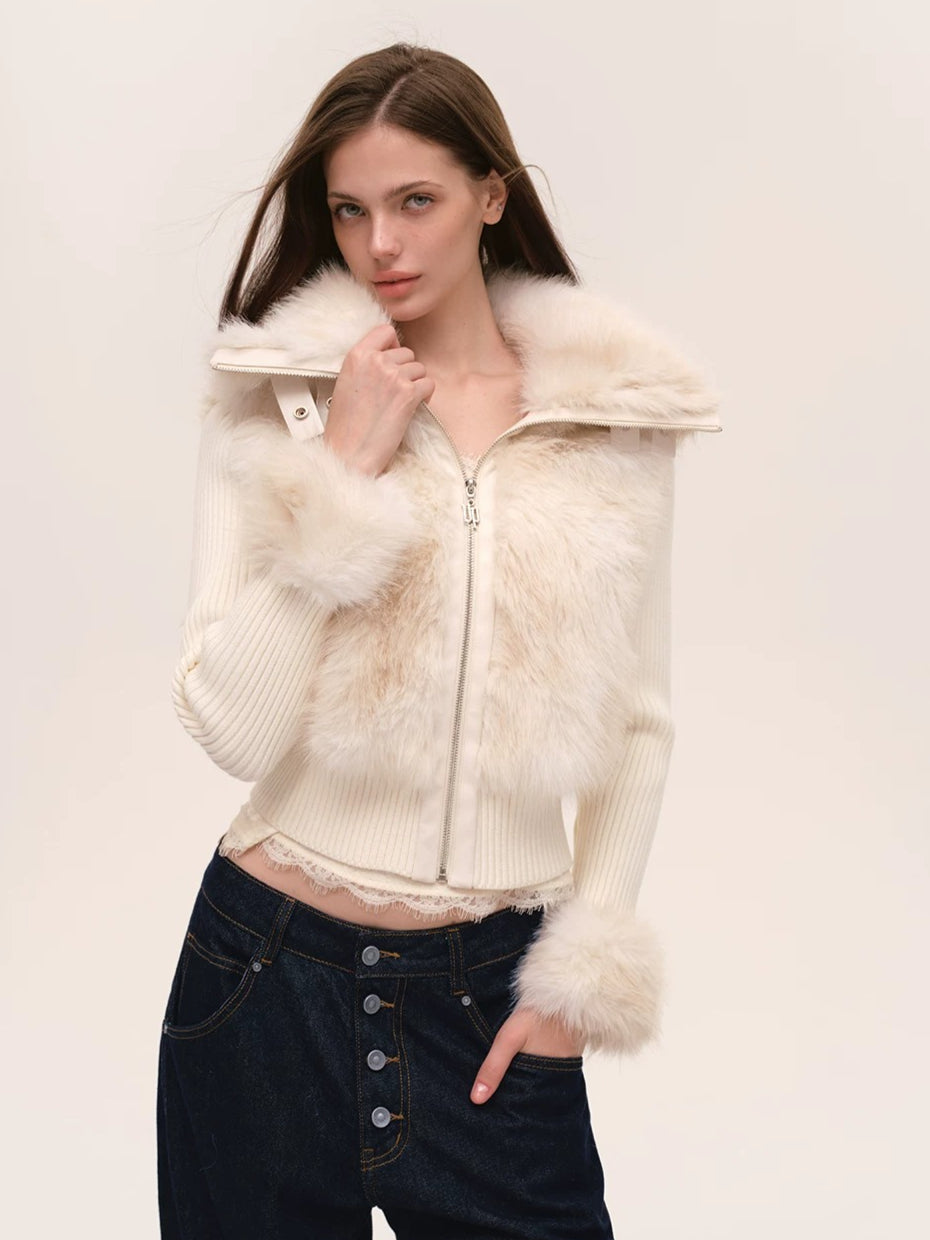 Faux Fur Patchwork Fitted Knit Jacket
