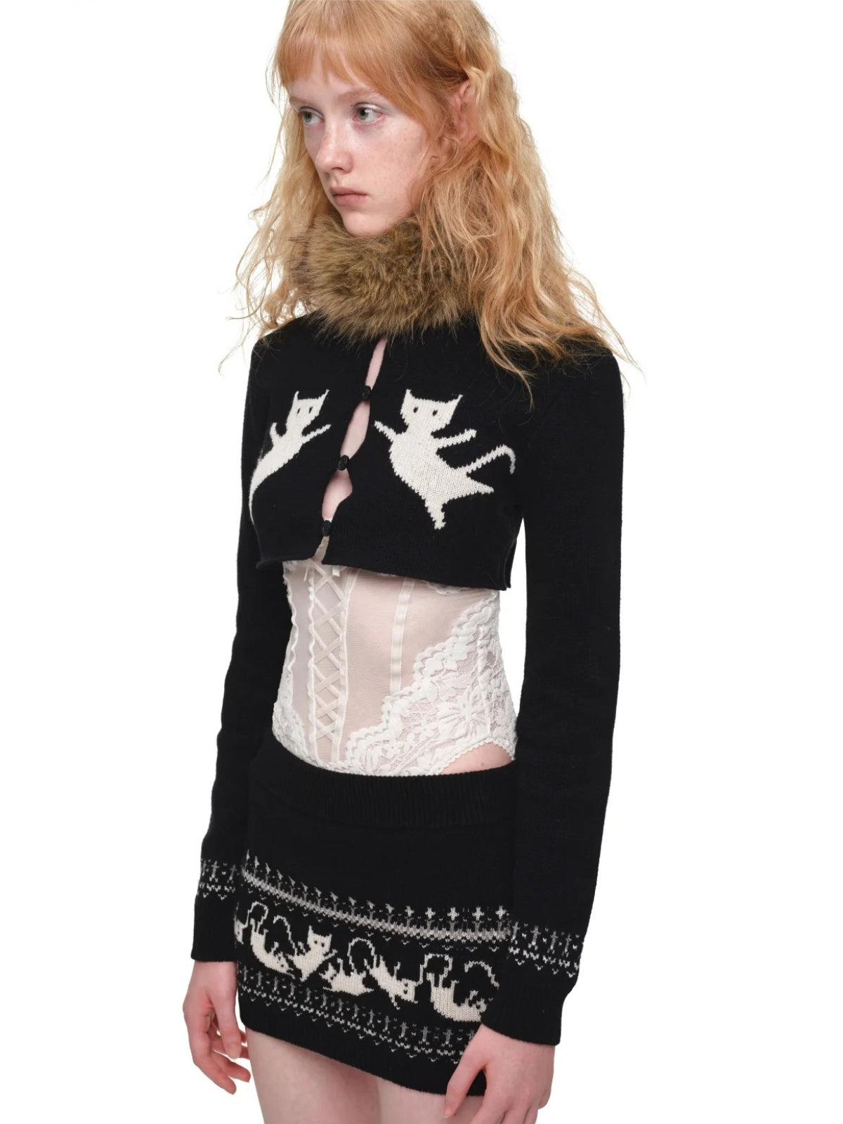 Fair Isle Jacquard Knit Cardigan &amp; Skirt Set