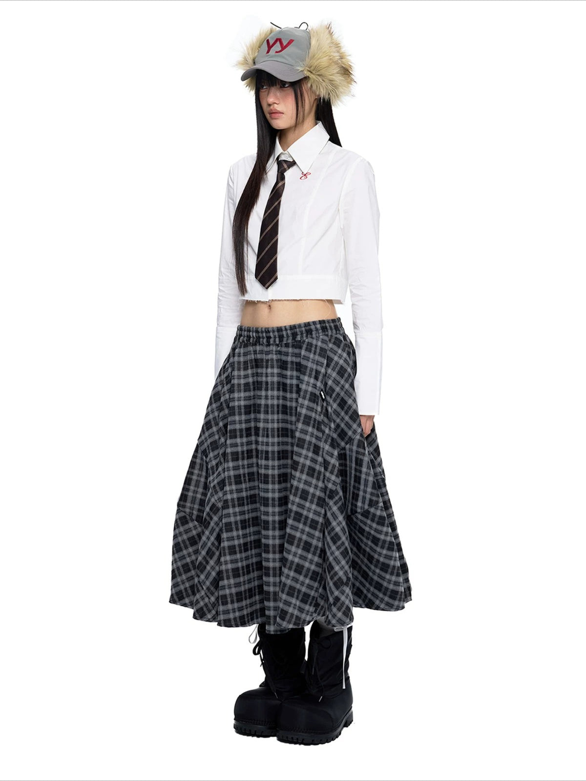 Plaid Gathered Midi Skirt
