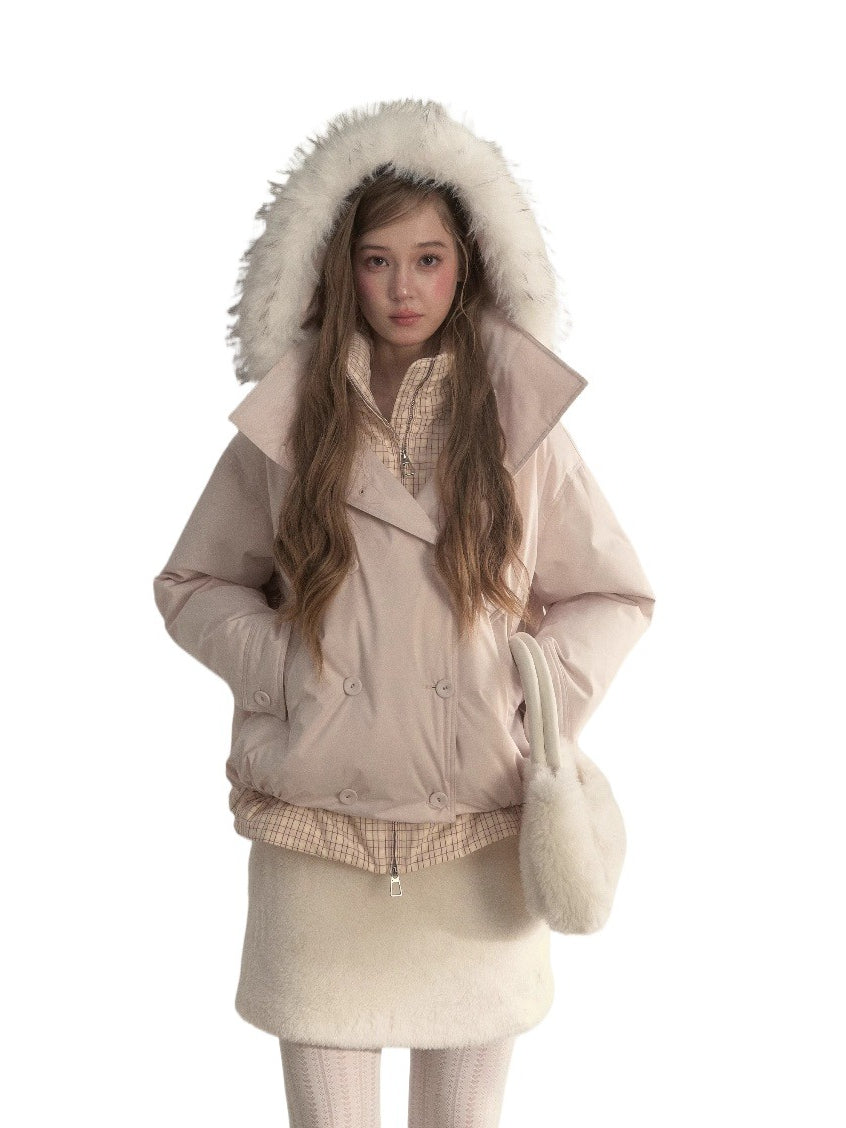 Double-Breasted Plaid Faux-Layered Paperbag Down Parka